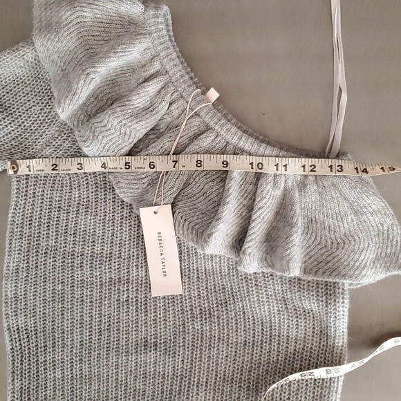 REBECCA TAYLOR Alpaca Wool Pullover Ruffle Sweater Gray One shoulder XS NWT - Picture 9 of 11